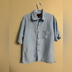 Born Mens Size Large Button Down Linen Bamboo Short Sleeve Shirt Blue
